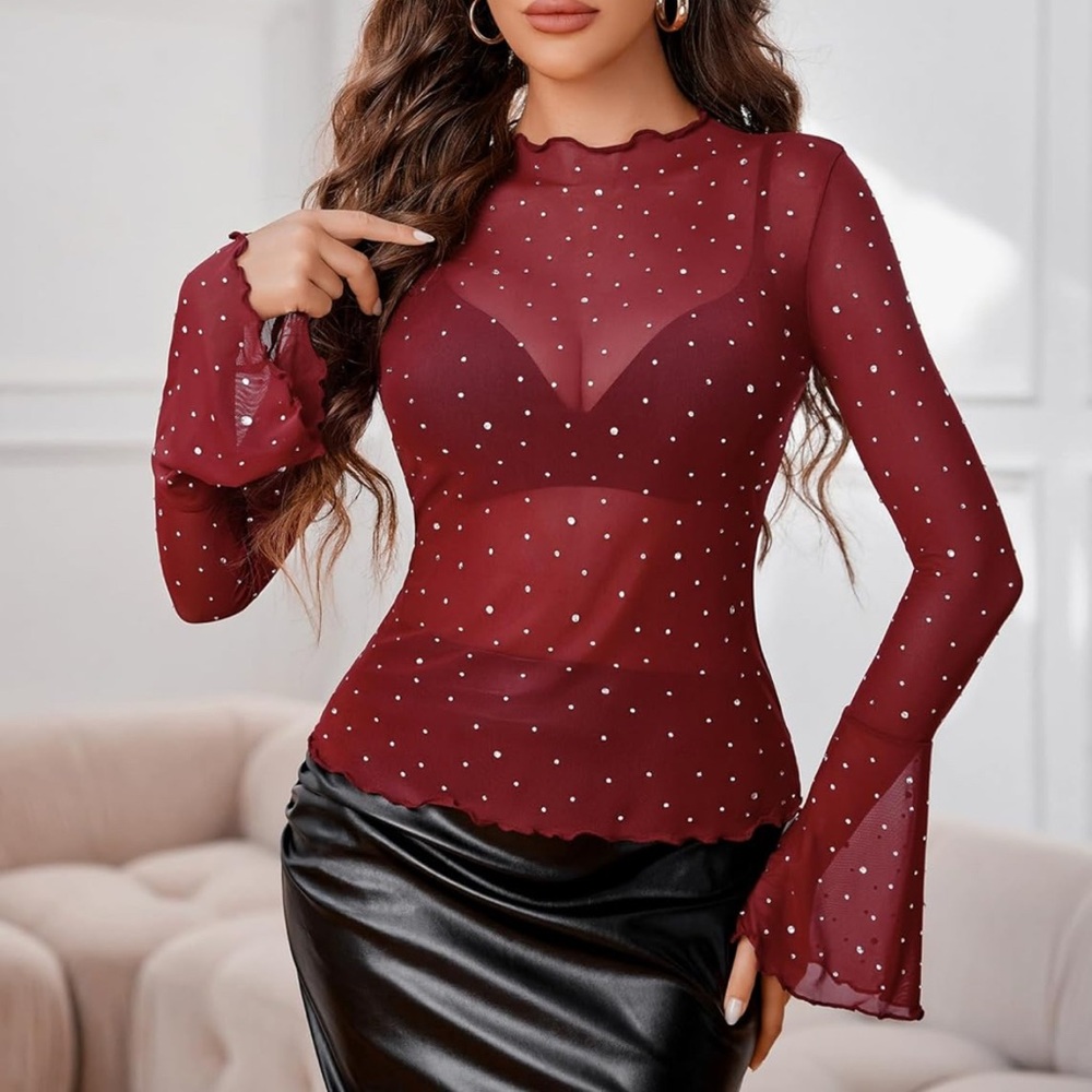 👚Avidlove Womens Red Mesh Top Rhinestone’s Long Bell Sleeve Blouses Glitter